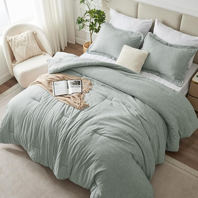 CozyLux Queen Size Comforter Set - 3 Pieces Sage Green Soft Luxury Cationic Dyeing Bedding Comforter for All Season, Breathable Lightweight Fluffy Boho Bed Sets with 1 Comforter and 2 Pillow Shams - LeafyLoom