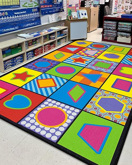 LIVEBOX Geometry Teaching Kids Rug for Classroom, Washable School Learning Area Rugs, Colorful Preschool Kids Classroom Carpet Non-Slip Playroom Mat for Home Learning,13'x7'5"(Seats-24) - LeafyLoom
