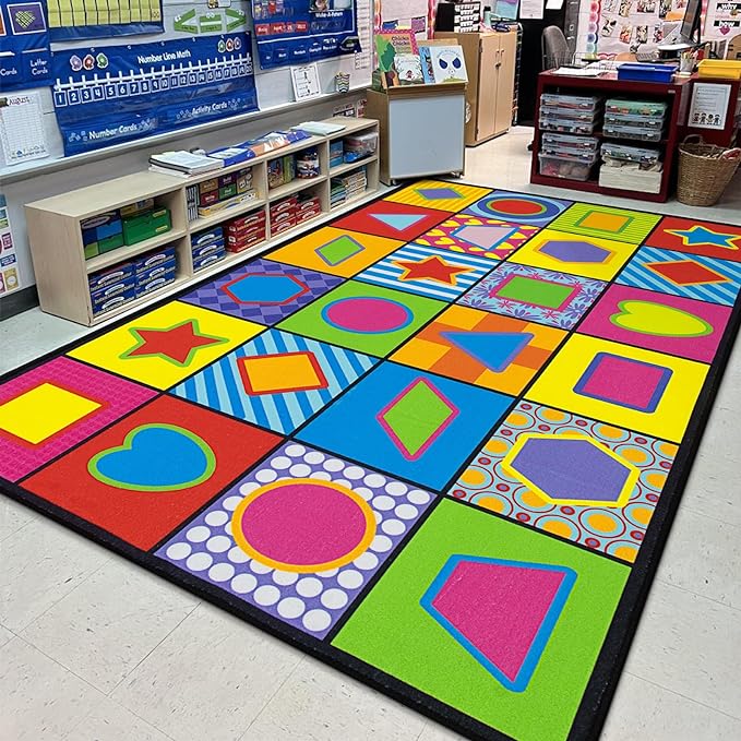 LIVEBOX Geometry Teaching Kids Rug for Classroom, Washable School Learning Area Rugs, Colorful Preschool Kids Classroom Carpet Non-Slip Playroom Mat for Home Learning,13'x7'5"(Seats-24) - LeafyLoom