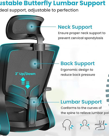 Office Chair Ergonomic Desk Chair High Back Computer Chair Swivel Mesh Task Chair with Adjustable Lumbar Support Armrests Headrest Black - LeafyLoom