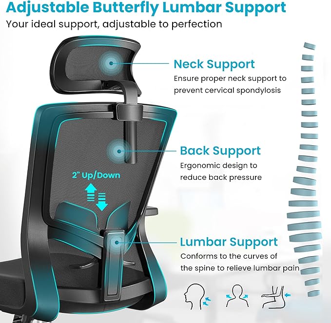 Office Chair Ergonomic Desk Chair High Back Computer Chair Swivel Mesh Task Chair with Adjustable Lumbar Support Armrests Headrest Black - LeafyLoom