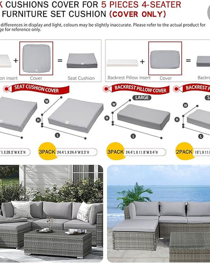 ClawsCover 9Pack Outdoor Seat and Back Cushion Replacement Covers Fit for 5 Pieces 4-Seater Wicker Rattan Furniture Patio Conversation Set Sectional Couch,Gray-Include Cover Only (Small) - LeafyLoom