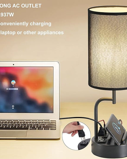 Dreamholder Table Lamp with 3 USB Charging Ports, Modern Desk Lamp with AC Outlet and Phone Stands, Perfect Bedside Lamp for Bedroom, Living Room, Office (Pack of 2), Black - LeafyLoom