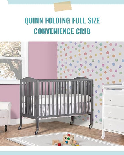 Folding Full Size Convenience Crib In Storm Grey, Two Adjustable Mattress Height Positions, Comes With Heavy Duty Locking Wheels, Flat Folding - LeafyLoom