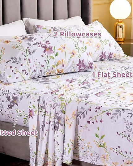 QSH Wild Floral Printed Bed Sheets Egyptian Cotton Yellow Flower Botanical Pattern King Size Sheets Extra Deep Pocket 17.5" - LeafyLoom