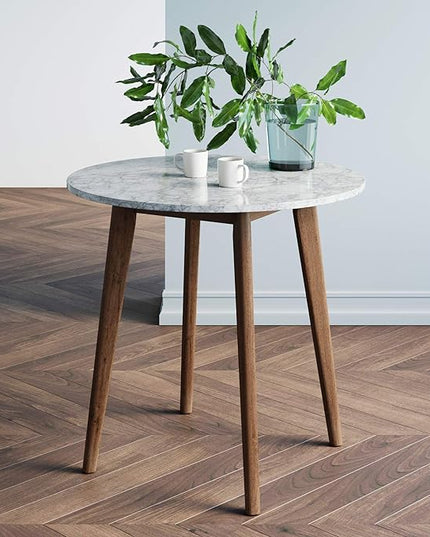 Nathan James Amalia Round Marble Bistro Dining Table with Legs in Wood Finish and Faux White Carrara Marble Table Top, Antique Coffee - LeafyLoom