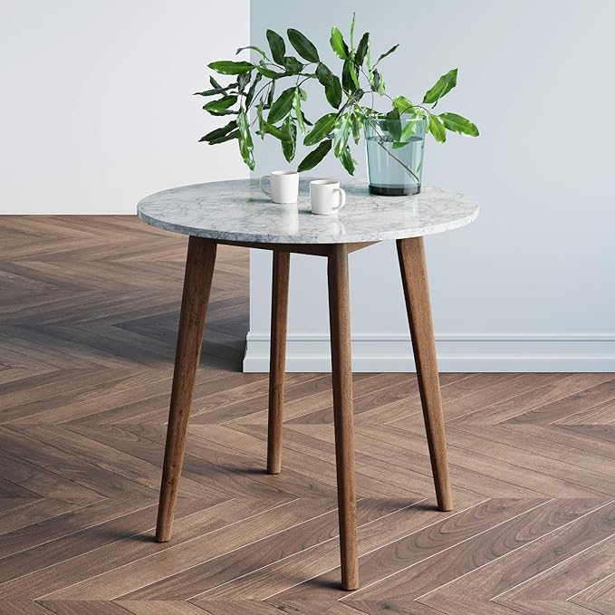 Nathan James Amalia Round Marble Bistro Dining Table with Legs in Wood Finish and Faux White Carrara Marble Table Top, Antique Coffee - LeafyLoom