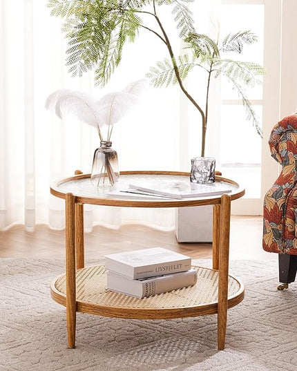 VINGLI 25.6" Rattan Coffee Table, Round Water-wave Glass Metal Center Table, Modern Coffee Table with 2-Tier Storage, Farmhouse Circular Coffee table for Living Room and Small Space, Natural Vibe - LeafyLoom