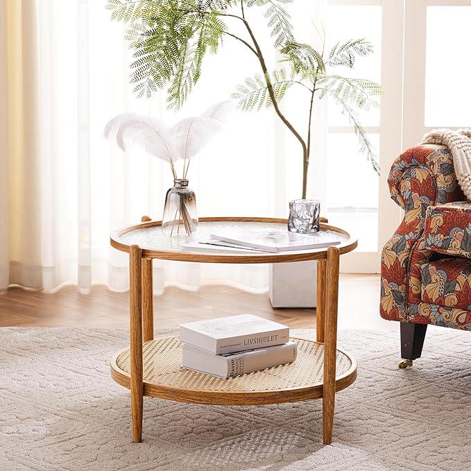 VINGLI 25.6" Rattan Coffee Table, Round Water-wave Glass Metal Center Table, Modern Coffee Table with 2-Tier Storage, Farmhouse Circular Coffee table for Living Room and Small Space, Natural Vibe - LeafyLoom