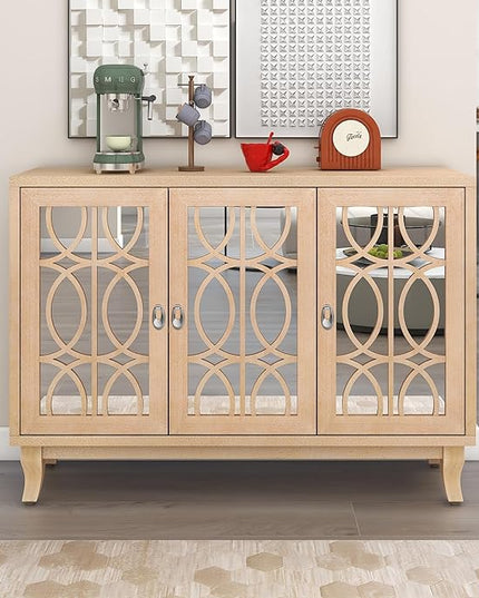 Multifunctional Sideboard with Glass, Vintage 3 Door Mirrored Buffet Cabinet,W/Silver Handle,Easy to Assemble,Console Table for Living Room Hallway Entryway,Natural Wood Wash, 47.2" - LeafyLoom