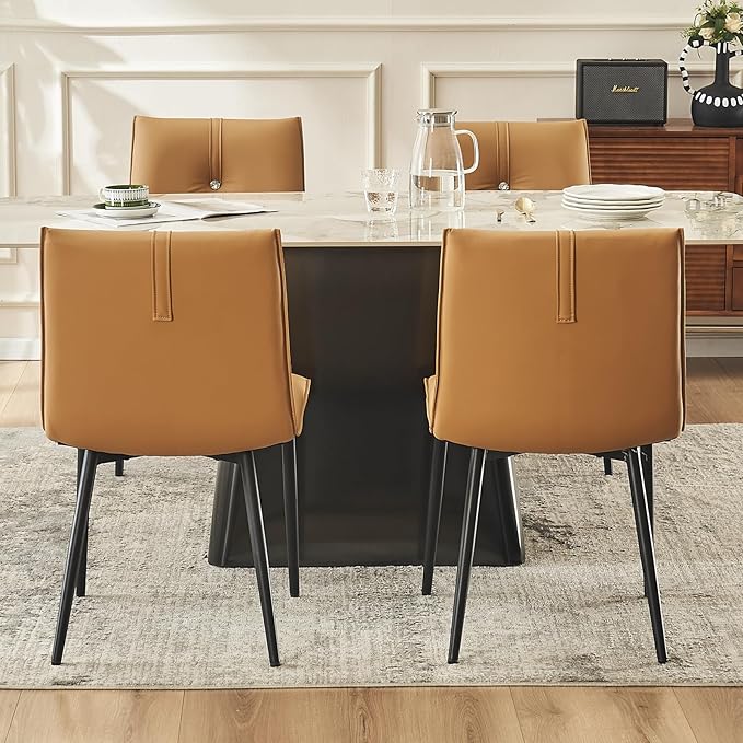 YOUTASTE Dining Chairs Set of 2 Mid Century Modern Upholstered Leather Kitchen Chairs Soft Padded Side Chairs Dinner Chairs with Metal Legs for Living Room Bedroom, Camel - LeafyLoom