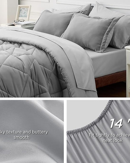 Bedsure Queen Comforter Set - 7 Pieces Reversible Comforters Queen Size Bed Set Bed in a Bag with Comforter, Sheets, Pillowcases & Shams, Grey Bedding Sets - LeafyLoom