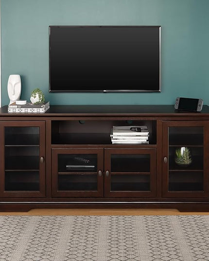 Walker Edison Brahm Classic Glass Door Storage TV Console for TVs up to 80 Inches, 70 Inch, Espresso Brown - LeafyLoom