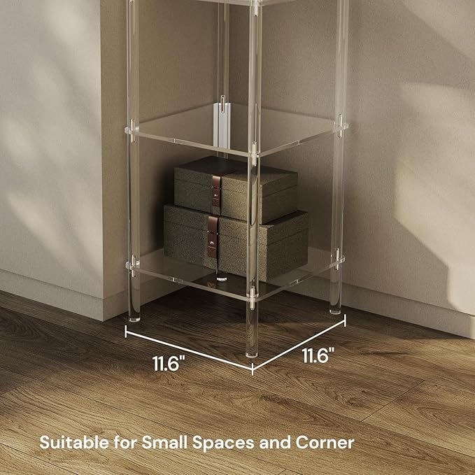 4 Tier Square Acrylic Bookshelf, Small Bookcase with Acrylic Fittings for Fixing to Wall, Corner Display Shelf for Living Room, Bedroom, Bathroom, Small Spaces, Clear, 11.6'' W x 34'' H - LeafyLoom