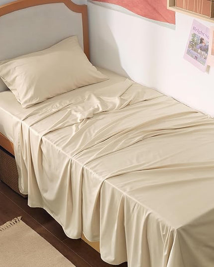 Bedsure Twin XL Sheet Set Dorm Bedding, Cooling Sheets Twin Extra Long Sheets, Rayon Derived from Bamboo, Deep Pocket Up to 16", Hotel Luxury Silky Bedding Sheets & Pillowcases, Beige - LeafyLoom