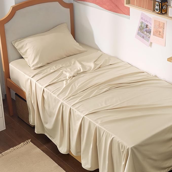 Bedsure Twin XL Sheet Set Dorm Bedding, Cooling Sheets Twin Extra Long Sheets, Rayon Derived from Bamboo, Deep Pocket Up to 16", Hotel Luxury Silky Bedding Sheets & Pillowcases, Beige - LeafyLoom