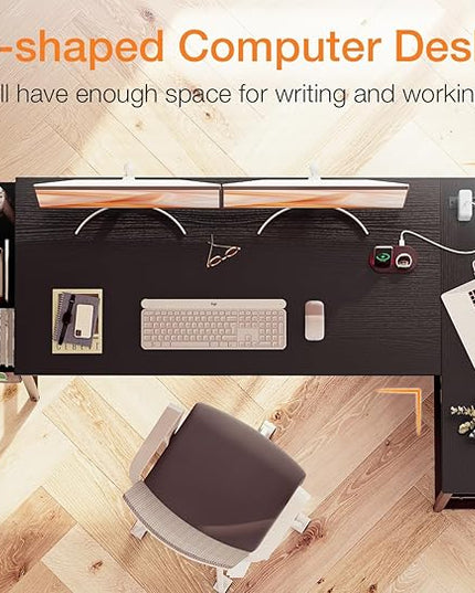 ODK 55 Inch Small L Shaped Computer Desk with Power Outlets, Corner Desk with PC Stand & Reversible Storage Shelves for Small Space Home Office Workstation, Modern Simple Writing Study Table, Black - LeafyLoom