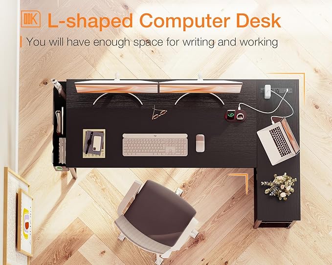 ODK 55 Inch Small L Shaped Computer Desk with Power Outlets, Corner Desk with PC Stand & Reversible Storage Shelves for Small Space Home Office Workstation, Modern Simple Writing Study Table, Black - LeafyLoom
