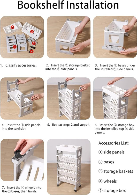 5 Tier Book Rack Storage Bookshelf, Mobile Bookshelf with Wheels, Removable Movable Unique Bookcase, Rolling Book Cart, Bookshelves for Students Study in Dorm Classroom Living Room School(CreamYellow) - LeafyLoom