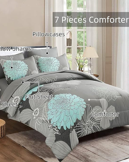 Yiran 7 Pieces Bed in a Bag Floral Comforter Set Queen Flowers Bedding Set Soft Microfiber Comforter Sets with 1 Comforter 1 Flat Sheet 1 Fitted Sheet 2 Pillowshams and 2 Pillowcases - LeafyLoom