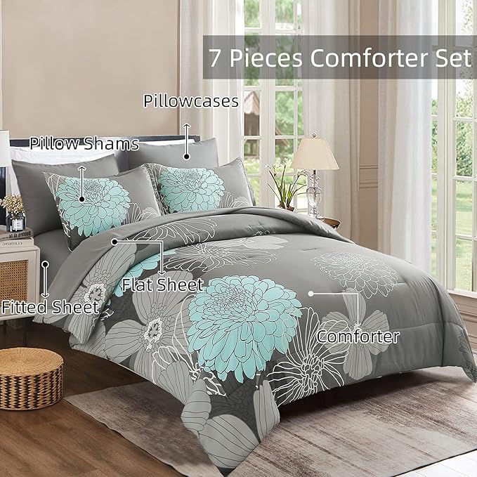 Yiran 7 Pieces Bed in a Bag Floral Comforter Set Queen Flowers Bedding Set Soft Microfiber Comforter Sets with 1 Comforter 1 Flat Sheet 1 Fitted Sheet 2 Pillowshams and 2 Pillowcases - LeafyLoom