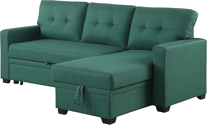 82 Inch Convertible L Shaped Sleeper Sectional Sofa Linen with Storage Chaise, Pull Out Bed,Reversible Corner Couch Design, 82inch, Green - LeafyLoom