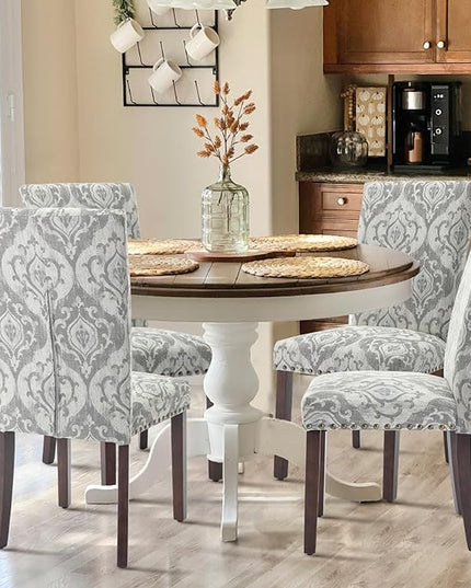 COLAMY Upholstered Parsons Dining Chairs Set of 4, Fabric Dining Room Kitchen Side Chair with Nailhead Trim and Wood Legs - Grey/White Flower - LeafyLoom