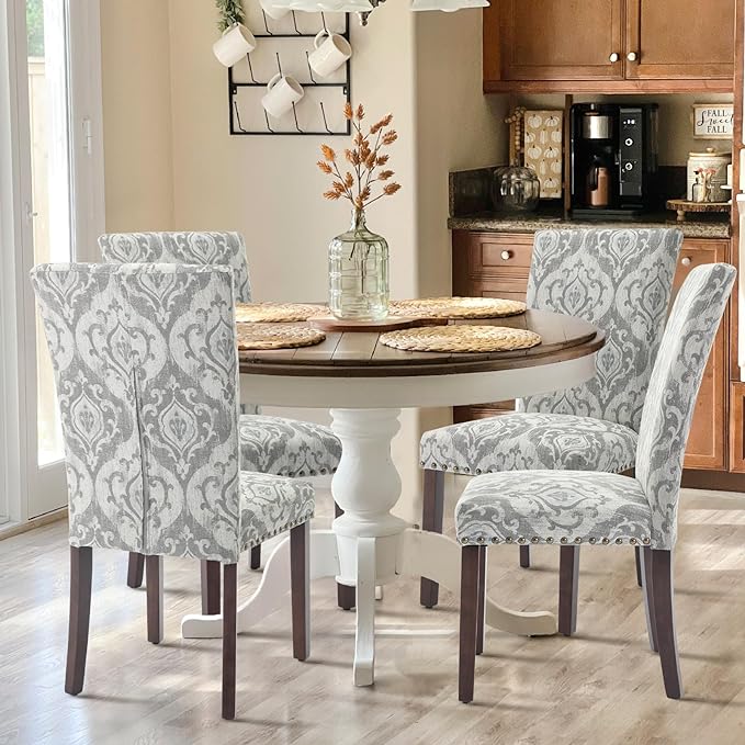 COLAMY Upholstered Parsons Dining Chairs Set of 4, Fabric Dining Room Kitchen Side Chair with Nailhead Trim and Wood Legs - Grey/White Flower - LeafyLoom