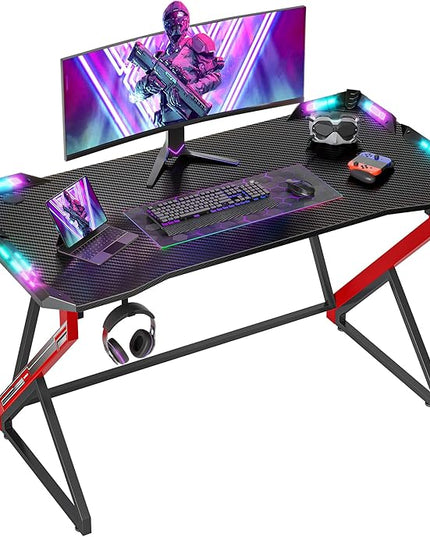 Gaming Desk with LED Lights, 47 Inch Computer Desk for Home Small Space, Gaming Table with Carbon Fiber Surface, PC Gamer Desk for Kids Boys Men, Black - LeafyLoom