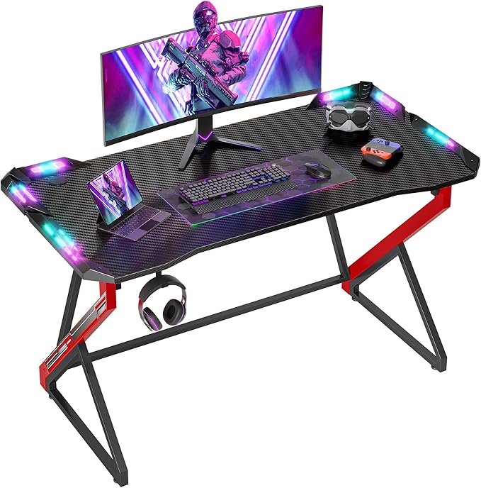 Gaming Desk with LED Lights, 47 Inch Computer Desk for Home Small Space, Gaming Table with Carbon Fiber Surface, PC Gamer Desk for Kids Boys Men, Black - LeafyLoom