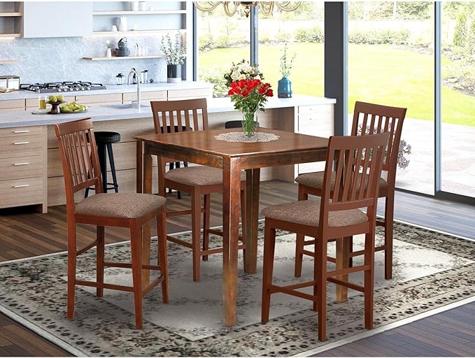 East West Furniture VERN5-MAH-C Vernon 5 Piece Counter Height Set Includes a Square Kitchen Table and 4 Linen Fabric Upholstered Dining Chairs, 36x36 Inch - LeafyLoom