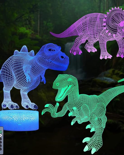VSATEN Dinosaur Night Light for Kids, 3D Illusion Lamp 3-Pattern & 16 Colors Changing LED Dino Nightlight with Smart Touch & Remote Control, Dinosaur Gifts for Boys Girls Age 4 5 6+ Year Old - LeafyLoom