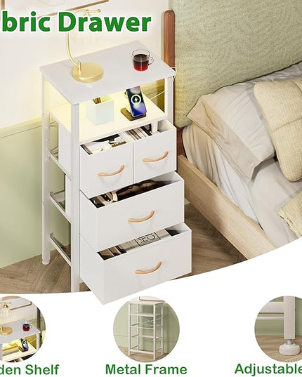 Furnulem 4 Drawer Dresser with Led Light and Charging Station, White Night Stand with Storage Shelf and Fabric & PVC Drawer, 33 Inch Bedside Table, Tall Nightstand for Entryway, Bedroom Furniture - LeafyLoom