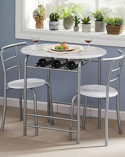 VECELO 3-Piece Dining Table Set for Kitchen Breakfast Nook, Wood Grain Oval Tabletop and Metal Frame with Built-in Wine Rack, for Small Spaces, 31.5", White & Silver - LeafyLoom