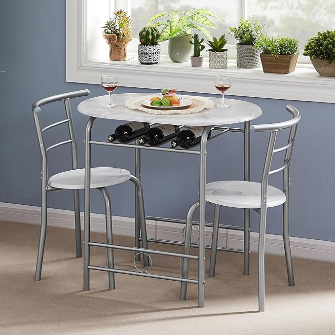 VECELO 3-Piece Dining Table Set for Kitchen Breakfast Nook, Wood Grain Oval Tabletop and Metal Frame with Built-in Wine Rack, for Small Spaces, 31.5", White & Silver - LeafyLoom
