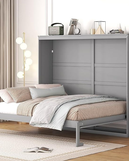 Merax Modern Farmhouse Solid Wood Murphy Cabinet Bed, No Box Spring Needed/Easy Assemble/Queen,Gray - LeafyLoom