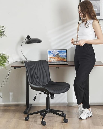 YOUTASTE Office Chair Modern Armless Desk Chair with Wheels, Adjustable Swivel Rolling Computer Task Chair, Faux Leather Sewing Chairs, Ergonomics Rocking Home Gaming Lounge Vanity Chairs, Black - LeafyLoom