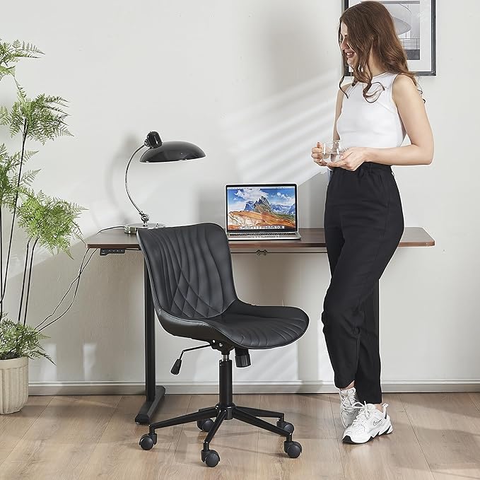 YOUTASTE Office Chair Modern Armless Desk Chair with Wheels, Adjustable Swivel Rolling Computer Task Chair, Faux Leather Sewing Chairs, Ergonomics Rocking Home Gaming Lounge Vanity Chairs, Black - LeafyLoom