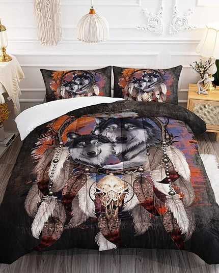 Wolf Dream Catcher Comforter Set for Kids Teens Girls Retro Modern Wildlife Animal Comforter Tie Dye Wolf Bedding Set for Kids Teens Room Decor - LeafyLoom