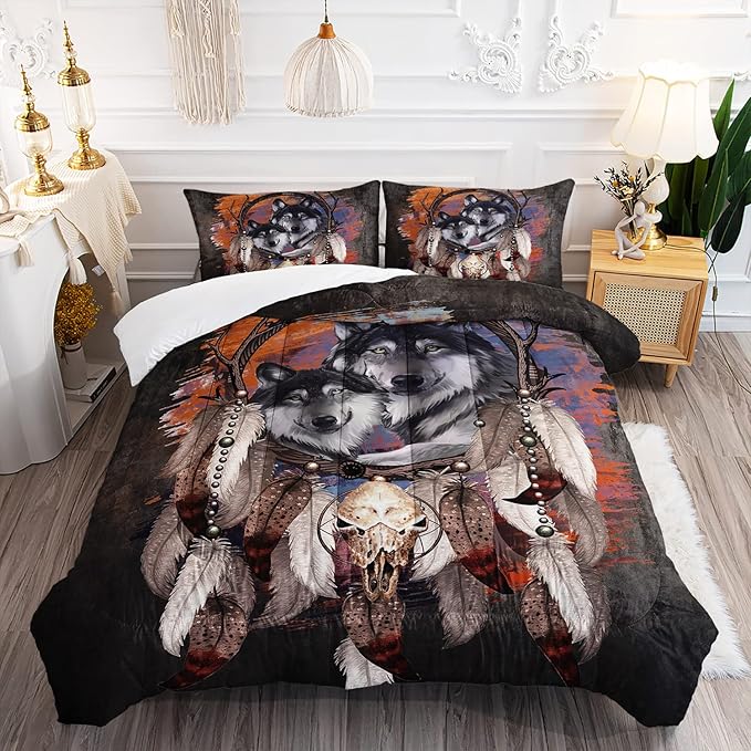 Wolf Dream Catcher Comforter Set for Kids Teens Girls Retro Modern Wildlife Animal Comforter Tie Dye Wolf Bedding Set for Kids Teens Room Decor - LeafyLoom