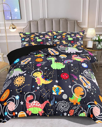 Boys Dinosaur Comforter Set Queen Size, 3Pcs Black Cartoon Dinosaur Bedding Set for Girls Kids Adults Bedroom Decor, Boys Comforter Set for All Season, Lightweight, 1 Quilt with 2 Pillowcases - LeafyLoom