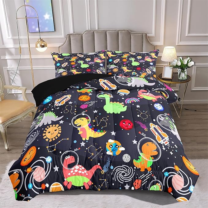 Cartoon Dinosaur Comforter Set - Boys Full Size Dinosaur Bedding Set for Bedroom Dinosaur Quilt with 2 Pillowcases for Kids Girls Boys Room Decor Lightweight Dino Comforter for All-Season, 3 Pieces - LeafyLoom