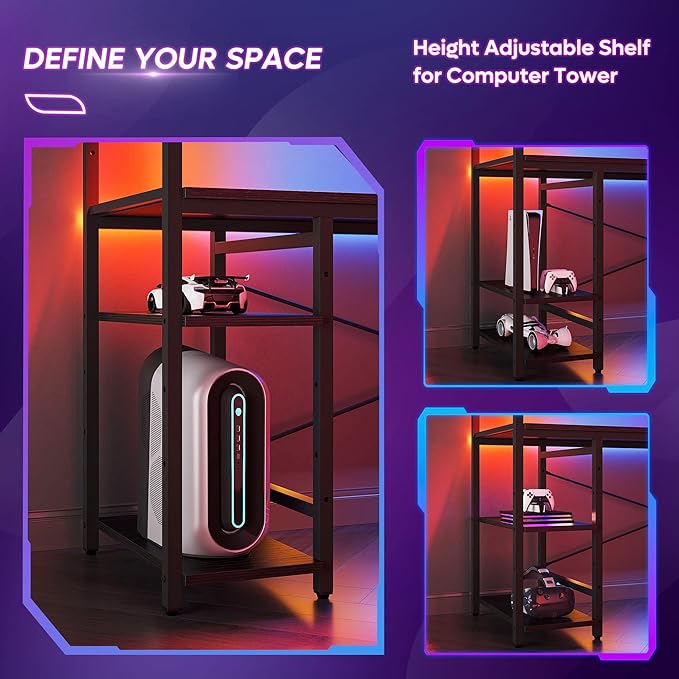 Bestier Gaming Desk with Shelves, 61 Inch Large PC Gaming Table with LED Lights, Led Gamer Desk with 4 Tiers Reversible Storage Shelves for Game & Bedroom Room (Black Grained) - LeafyLoom
