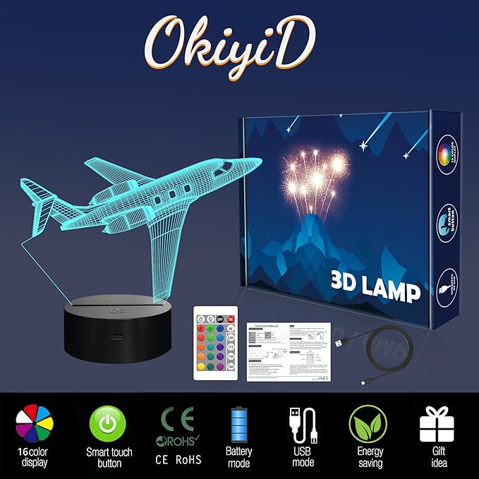 Airplane Gifts for Boy, Men, Aircraft Night Light, Gulfstream 3D Illusion Lamp with Remote and Touch Control, Plane Decor for Men Boy Kids Room, Birthday Gifts - LeafyLoom