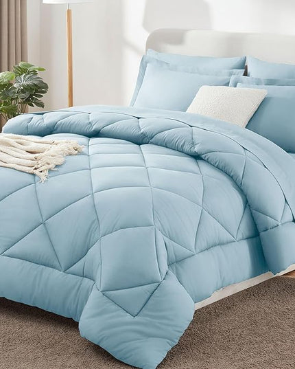 CozyLux Queen Bed in a Bag 7-Pieces Comforter Sets with Comforter and Sheets Light Blue All Season Bedding Sets with Comforter, Pillow Shams, Flat Sheet, Fitted Sheet and Pillowcases - LeafyLoom