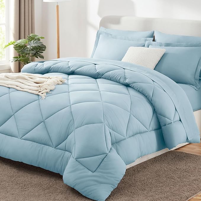 CozyLux King Bed in a Bag 7-Pieces Comforter Sets with Comforter and Sheets Light Blue All Season Bedding Sets with Comforter, Pillow Shams, Flat Sheet, Fitted Sheet and Pillowcases - LeafyLoom