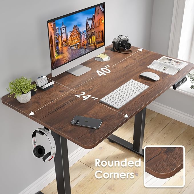 STARY Electric Adjustable Height Sit Stand Home Office Desk with Splice Board, 40x24, Rustic Brown/Black Frame - LeafyLoom