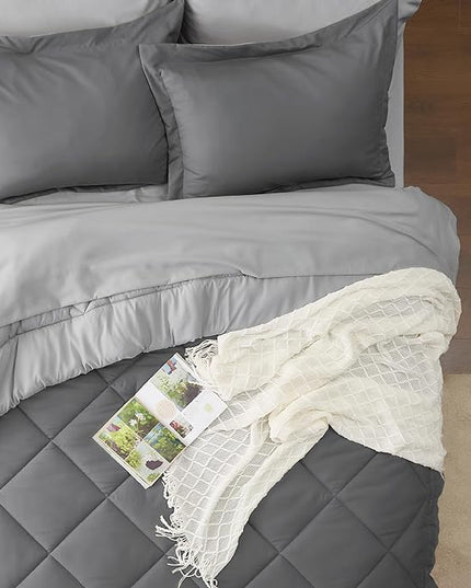 Bedsure Dark Grey King Size Comforter Set - 7 Pieces Reversible King Bed in a Bag, King Bed Set Dark Grey with Comforters, Sheets, Pillowcases & Shams - LeafyLoom