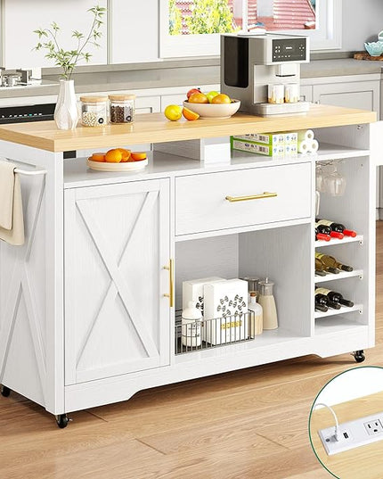 YITAHOME 53 Inch Large Kitchen Island with Power Outlet & Wine Storage, Portable Rolling Islands Cabinet on Wheels Farmhouse w Thick Table Top Drawer Glass Holder Spice Rack, White & Oak - LeafyLoom