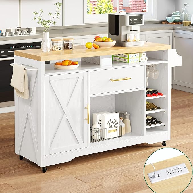 YITAHOME 53 Inch Large Kitchen Island with Power Outlet & Wine Storage, Portable Rolling Islands Cabinet on Wheels Farmhouse w Thick Table Top Drawer Glass Holder Spice Rack, White & Oak - LeafyLoom